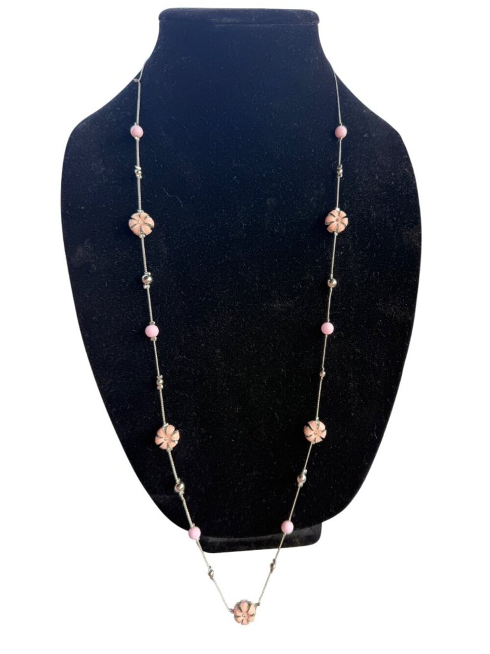 Silver-Tone Adjustable Long Fashion Necklace w/Pink Shade Floral Beads 19.5"